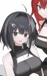  2girls 2naom8q6gt87292 :d arknights bare_shoulders black_dress black_hair black_streaks breasts colored_inner_hair commentary dot_nose dress frown grey_eyes grey_hair hair_between_eyes hair_intakes hair_ornament hairclip highres impossible_clothes impossible_shirt la_pluma_(arknights) large_breasts looking_at_viewer medium_hair multicolored_hair multiple_girls purple_eyes shirt simple_background sleeveless sleeveless_shirt smile surtr_(arknights) upper_body white_background 