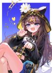  1girl absurdres animal_ears arknights bebe_(infinity_nikki) blue_eyes bow brown_hair cat_ears commentary_request flower heart highres looking_at_viewer mang_ci open_mouth smile white_flower 