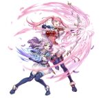  2girls armor arrow_(projectile) attack belt black_thighhighs blue_boots blue_cape blue_gloves blue_thighhighs blush boots bow_(weapon) breastplate breasts brown_belt cape circlet commentary dagger dress elbow_gloves english_commentary fighting_stance fingerless_gloves fire_emblem fire_emblem:_the_blazing_blade fire_emblem:_three_houses fire_emblem_heroes florina_(fire_emblem) florina_(skyward_wings)_(fire_emblem) gloves gomashio_ponz green_eyes hairband headband hilda_valentine_goneril hilda_valentine_goneril_(skyward_wings) holding holding_bow_(weapon) holding_dagger holding_knife holding_weapon knife long_hair looking_at_viewer multiple_girls official_alternate_costume official_art open_mouth pink_dress pink_eyes pink_hair purple_hair quiver sheath short_sleeves shoulder_armor simple_background smile thigh_boots thighhighs twintails weapon white_background white_cape white_dress white_hairband white_headband 