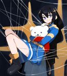  1girl belt belt_buckle black_background black_boots black_hair blue_eyes blue_jacket blue_skirt boots bright_pupils buckle closed_mouth commentary english_commentary epaulettes from_side full_body gradient_background hair_between_eyes hair_ornament hairclip highres holding holding_stuffed_toy hugging_doll hugging_object jacket kagura_hikari kart_prowler knees_up long_hair long_sleeves looking_at_viewer miniskirt red_sash sash shoujo_kageki_revue_starlight shoulder_sash single_horizontal_stripe sitting skirt smile solo sparkle_background sparkle_hair_ornament string striped_clothes striped_skirt stuffed_animal stuffed_toy teddy_bear very_long_hair white_pupils yellow_belt 