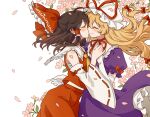  2girls artist_name ascot blonde_hair bow brown_hair cherry_blossoms chinese_commentary closed_eyes commentary_request detached_sleeves dress elbow_gloves fafa falling_petals flower frilled_bow frilled_hair_tubes frills gloves hair_bow hair_tubes hakurei_reimu hat hat_ribbon highres holding_hands kiss long_hair mob_cap multiple_girls multiple_hair_bows petals pink_flower pink_petals puffy_short_sleeves puffy_sleeves purple_dress red_bow red_ribbon red_skirt ribbon ribbon-trimmed_sleeves ribbon_trim short_sleeves skirt skirt_set sleeve_bow touhou white_gloves yakumo_yukari yellow_ascot yuri 