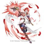  1girl arm_guards armor attack axe belt black_pantyhose blue_boots boots breastplate breasts brown_belt brown_gloves commentary_request dress feathers fighting_stance fingerless_gloves fire_emblem fire_emblem:_mystery_of_the_emblem fire_emblem:_shadow_dragon fire_emblem_heroes full_body gloves gold_trim greaves headband high_heel_boots high_heels holding holding_axe holding_weapon looking_at_viewer minerva_(above_the_stars)_(fire_emblem) minerva_(fire_emblem) multiple_belts official_alternate_costume official_art open_mouth pantyhose pauldrons red_armor red_eyes red_hair riz3 shin_guards short_dress short_hair short_sleeves shoulder_armor simple_background smile solo thigh_boots weapon white_dress white_headband 