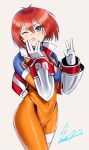  1girl artist_name blue_eyes blush bodysuit burning_rangers commentary_request gauntlets gloves highres looking_at_viewer one_eye_closed red_hair sawasa short_hair signature simple_background solo tillis white_background 