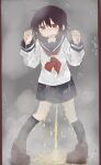  1girl against_glass black_socks blue_sailor_collar blue_skirt blush breath brown_eyes brown_hair brown_shoes clenched_hands commentary_request embarrassed flat_chest full_body grey_background half-closed_eyes hands_up highres kneehighs kude_rei_(ponnu_(tnpn2yw)) legs_apart long_sleeves looking_at_viewer miniskirt neckerchief nose_blush open_mouth original pee peeing peeing_self pigeon-toed pleated_skirt ponnu_(tnpn2yw) puddle raised_eyebrows red_neckerchief sailor_collar school_uniform serafuku shirt shoes short_hair sidelocks simple_background skirt socks solo standing steam water wet wet_clothes wet_shirt wet_skirt white_shirt 