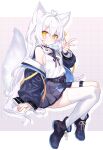  1girl :3 absurdres ahoge animal_ears bare_shoulders belt black_boots black_choker black_jacket black_sailor_collar black_skirt boots breasts check_copyright choker closed_mouth commentary commission copyright_request fox_ears fox_girl fox_tail heart heart_ahoge highres hiraga_matsuri jacket long_hair long_sleeves looking_at_viewer loose_belt midriff_peek miniskirt off_shoulder open_clothes open_jacket orange_eyes original pleated_skirt sailor_collar school_uniform serafuku shirt single_thighhigh skeb_commission skirt sleeveless sleeveless_shirt small_breasts smile solo tail thigh_strap thighhighs v very_long_hair white_hair white_shirt white_thighhighs 