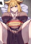  1girl absurdres animal_ears averting_eyes blush breasts breasts_apart commentary_request crotch_focus fox_ears fox_girl highres huge_breasts japanese_clothes kimono long_hair lying mirufi_(milfiiiiyu) obi on_back original paid_reward_available pillow sash solo spoken_squiggle spread_legs squiggle steaming_body sweatdrop 