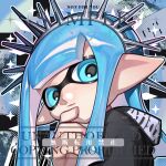 1girl black_hoodie blue_eyes blue_hair closed_mouth grey_hairband hairband hand_on_own_chin highres hood hood_down hoodie inkling inkling_girl inkling_player_character long_hair looking_at_viewer nezumi_(tuboshu2013) pointy_ears portrait sample_watermark sidelocks solo spiked_hairband spikes splatoon_(series) tentacle_hair watermark 