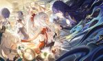  6+girls ^_^ ahoge blonde_hair blue_eyes blue_hair breasts bronya_zaychik brown_hair chinese_clothes chinese_commentary cleavage closed_eyes clothing_cutout collar commentary_request dress dumpling durandal_(honkai_impact) food grey_hair hair_ornament happy highres holding_hands honkai_(series) honkai_impact_3rd hug kiana_kaslana long_hair multiple_girls off_shoulder official_art ponytail purple_eyes purple_hair raiden_mei ribbon rice_cake_(honkai_impact) rita_rossweisse seele_vollerei smile tassel theresa_apocalypse very_long_hair white_hair 