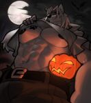 abs anthro belt belt_buckle big_muscles big_pecs black_nipples bottomwear buckle canid canine canis clothed clothing clothing_lift footprint full_moon halloween holidays jack-o'-lantern looking_at_viewer looking_down looking_down_at_viewer mac_b._howlin male mammal moon muscular muscular_male nipple_piercing nipples pants pawprint pawprint_tattoo pecs piercing presenting presenting_pecs rygel_spkb shirt shirt_lift smile smiling_at_viewer smirk smirking_at_viewer solo tattoo topwear wolf
