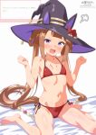  1girl animal_ears bare_shoulders bikini blush bow braid braided_hair_rings breasts brown_hair collarbone commentary_request ear_bow ear_covers hair_rings hat hat_with_ears highres horse_ears horse_girl horse_tail long_hair looking_at_viewer marshmallow_(site) navel open_mouth purple_eyes red_bikini sitting small_breasts solo stomach sweep_tosho_(umamusume) swimsuit tail twintails umamusume wariza witch_hat yamaboshi_ryuu 