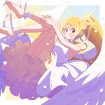  1girl angel_wings bare_arms bare_shoulders blonde_hair blush border closed_mouth commentary_request dress feathered_wings full_body halo highres leg_ribbon legs_up long_hair looking_at_viewer magia_record:_mahou_shoujo_madoka_magica_gaiden mahou_shoujo_madoka_magica outside_border ponytail red_eyes ribbon serizawa_serizane solo strapless strapless_dress togame_momoko traditional_halo twitter_username white_border white_dress white_ribbon white_wings wings 