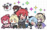  >_< 1boy 4girls :< alice_thymefield animal_ear_fluff animal_ears bangboo_(zenless_zone_zero) black_hair blonde_hair blue_hair cardigan chibi chibi_only closed_eyes commentary_request fang gloves gogogalar grid_background hair_between_eyes hat heterochromia holding_hands horns kamanosuke_(zenless_zone_zero) komano_manato long_hair long_sleeves lucia_elowen miss_esme_(zenless_zone_zero) mole mole_under_mouth multicolored_hair multiple_girls open_mouth orange_eyes pants pantyhose pink_cardigan red_eyes red_hair scar scar_across_eye scar_on_face skirt sparkle sweat tentacle_girl tentacles ukinami_yuzuha wand yidhari_murphy zenless_zone_zero 
