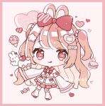  1girl :q animal_ears artist_name blush_stickers border bow bowtie brown_hair candy cherry chibi chibi_only closed_mouth commentary_request cupcake dosukoi_(nagihoko) food fruit full_body hair_bow heart highres holding holding_food long_hair long_sleeves looking_at_viewer original pink_border pleated_skirt rabbit_ears rabbit_girl red_bow red_bowtie red_eyes red_shoes red_skirt school_uniform serafuku shirt shoes skirt sleeves_past_fingers sleeves_past_wrists smile socks solo standing symbol-shaped_pupils tongue tongue_out two_side_up white_shirt white_socks wrapped_candy x-shaped_pupils 