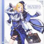  1girl aoi_erika belt blonde_hair blue_flower blue_rose briefcase chibi commentary_request english_text fingernails flower heaven_burns_red highres holding holding_briefcase jacket jacket_on_shoulders looking_at_viewer minase_ichigo nail_polish rose sail_678 stuffed_toy thigh_strap unworn_jacket 