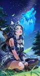  1girl absurdres animal_ear_fluff animal_ears arrow_(projectile) artist_name black_boots black_gloves black_hair blue_eyes boots bow_(weapon) breasts cleavage commentary crossed_legs english_commentary eyelashes facial_mark falling_leaves fingerless_gloves gloves grass highres indie_virtual_youtuber kell_(vtuber) lace-up_boots leaf long_braid long_hair looking_up open_mouth pink_nails sitting sky spiro_(supirou2052) star_(sky) starry_sky teeth upper_teeth_only weapon wolf 
