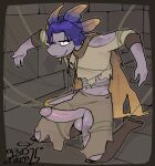 absurd_res adventurer amphibian anthro axolotl balls bdsm bondage boots bottomwear bound bruised cape clothing footwear genitals glans hair hi_res kneeling kneeling_on_ground male marine mole_salamander navel pants penis plant purple_body purple_hair redtrauma salamander shirt shoes smile smirk solo tail topwear torn_bottomwear torn_clothing torn_pants torn_shirt torn_topwear vines