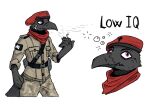 anthro avian beak beret bird black_body black_feathers cigarette cigarette_smoke clothing feathers hat headgear headwear hi_res holding_cigarette holding_object male mawkvlt military military_clothing military_hat military_jacket military_pants scarf smoke smoking smoking_cigarette soldier solo tail tail_feathers text warrior wearing_hat