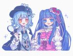  2girls :d blue_eyes blue_hair bow bowtie braid braided_hair_rings capelet commentary_request corset crossover furudo_erika hair_rings hat juliet_sleeves korean_commentary lapels long_hair long_sleeves looking_at_viewer magnifying_glass mahou_shoujo_no_majo_saiban multiple_girls necktie oharalove11 pink_corset puffy_sleeves simple_background smile tachibana_sherry trait_connection umineko_no_naku_koro_ni upper_body white_background yellow_eyes 
