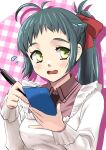  1girl antenna_hair apron black_necktie clipboard collared_shirt commentary_request flying_sweatdrops gingham_background green_eyes green_hair highres irako_(kancolle) kantai_collection kappougi long_hair necktie nekotarou_(nktr299) pen pink_background pink_shirt ponytail shirt solo upper_body 