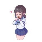  1girl absurdres black_hair blue_sailor_collar blue_skirt breasts closed_eyes commentary_request cowboy_shot cropped_legs croquette eating fubuki_(kancolle) heart highres kantai_collection layered_sleeves long_sleeves low_ponytail medium_breasts pleated_skirt ponytail sailor_collar sailor_shirt school_uniform serafuku shirt short_over_long_sleeves short_sleeves sidelocks simple_background skirt smile solo sparkle spoken_heart standing white_background white_shirt yoko_hata 