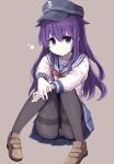  1girl :o akatsuki_(kancolle) anchor_symbol black_pantyhose blue_sailor_collar blue_skirt blush brown_shoes flat_cap hair_between_eyes hat kantai_collection long_hair long_sleeves looking_at_viewer messy_hair neckerchief panties panties_under_pantyhose pantyhose pantyshot pleated_skirt purple_eyes purple_hair red_neckerchief sailor_collar school_uniform serafuku shirt shoes sitting skirt solo thighband_pantyhose unagiman underwear 