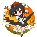  1girl artist_name autumn_leaves bird_wings black_bow black_bowtie black_hair black_skirt black_wings blush bow bowtie chinese_commentary closed_mouth collared_shirt commentary_request fafa frilled_skirt frills full_body geta hat highres leaf maple_leaf medium_hair pointy_ears pom_pom_(clothes) puffy_short_sleeves puffy_sleeves red_eyes red_hat red_shoes shameimaru_aya shirt shoes short_sleeves skirt smile socks solo tengu-geta tokin_hat touhou white_shirt white_socks wings 