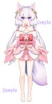  1girl absurdres animal_ear_fluff animal_ears bare_legs bare_shoulders barefoot bell bow choker collarbone commission fangs fox_ears fox_girl fox_tail full_body hair_bell hair_intakes hair_ornament highres japanese_clothes kimono long_hair low_twintails miniskirt original parted_lips pink_choker pink_kimono pink_skirt purple_eyes red_bow sample_watermark sidelocks simple_background skirt smile solo tachi-e tail tian_yang toes twintails very_long_hair watermark watermark_grid white_background white_hair 