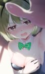  1girl alternate_costume animal_ear_hairband animal_ears armpits black_leotard blush bow bowtie breasts cleavage collarbone commentary covering_breasts covering_privates detached_collar fake_animal_ears green_bow green_bowtie green_eyes green_hair hairband highres idolmaster idolmaster_shiny_colors leotard medium_breasts nanakusa_nichika nose_blush playboy_bunny rabbit_ear_hairband rabbit_ears reaching reaching_towards_viewer shirasato_(phzm8733) short_hair solo strapless strapless_leotard sweat 