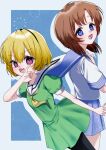  2girls \n/ absurdres alternate_hair_color arm_up black_hairband black_pantyhose blonde_hair blue_background blue_eyes blue_sailor_collar blue_skirt blush bob_cut border breasts brown_hair cropped_legs fang green_serafuku hairband highres higurashi_no_naku_koro_ni houjou_satoko looking_at_viewer multiple_girls nako_(milkyway-miffy) ojou-sama_pose open_mouth outside_border pantyhose puffy_short_sleeves puffy_sleeves purple_eyes ryuuguu_rena sailor_collar school_uniform serafuku short_hair short_sleeves skin_fang skirt small_breasts teeth white_border white_sailor_collar 