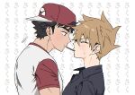  2boys absurdres backwards_hat baseball_cap black_hair black_shirt blue_oak blush brown_eyes brown_hair closed_eyes closed_mouth collared_shirt commentary_request food food_in_mouth from_side hat highres looking_at_another male_focus multiple_boys parted_bangs pk_rgr96 pocky pocky_in_mouth pocky_kiss pokemon pokemon_sm raglan_sleeves red_(pokemon) red_hat shirt short_sleeves sideburns spiked_hair t-shirt upper_body wing_collar yaoi 