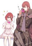 1boy 1girl :o aged_down black_jacket black_pants brother_and_sister cape commentary_request donut dress eating fire_emblem fire_emblem:_mystery_of_the_emblem food hair_between_eyes highres holding holding_donut holding_food jacket long_hair long_sleeves michalis_(fire_emblem) minerva_(fire_emblem) pants puffy_short_sleeves puffy_sleeves red_cape red_eyes red_hair short_hair short_sleeves siblings sitting time_paradox translation_request white_background white_dress yori_ilrosso 
