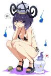  1girl 1other absurdres alternate_costume anger_vein annoyed bikini black_hair blush breasts eggman_(ni_tamagoex) fire full_body gwynn_(pokemon) hat heart high_heels highres litwick looking_at_viewer mega_stone micro_bikini multicolored_hair nest_ball poke_ball pokemon pokemon_(creature) pokemon_legends:_z-a puff_of_air purple_eyes purple_fire shadow short_hair side-tie_bikini_bottom sigh spoken_heart spoken_squiggle squiggle sweat swimsuit white_background will-o-wisp_(pokemon) 