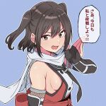  1girl black_gloves black_hair black_neckerchief blue_background breasts brown_eyes buttons commentary_request double-breasted fingerless_gloves gloves highres kantai_collection nanafumi_(nanafumino) neckerchief open_mouth orange_shirt sailor_collar scarf school_uniform sendai_(kancolle) sendai_kai_ni_(kancolle) serafuku shirt sideboob sleeveless sleeveless_shirt small_breasts solo translation_request two_side_up upper_body white_sailor_collar white_scarf 