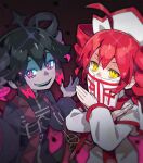  2girls ahoge black_hair black_shirt capelet commentary_request cross_ahoge crossed_arms drill_hair gradient_hair hat highres kasane_teto light_blush looking_at_viewer mask mouth_mask multicolored_hair multiple_girls parted_lips picklehaterx_x q&amp;a_(utau) red_eyes red_hair robe shirt short_hair smile t-shi_no_hanashi_wo_shinjiru_na_(vocaloid) twin_drills utau white_capelet white_hat white_robe yellow_eyes 