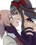  2girls akemi_homura akuma_homura black_dress black_gloves black_hair blush bow brown_eyes dress elbow_gloves eye_contact gloves hair_bow hand_on_another's_face highres kaname_madoka long_hair looking_at_another mahou_shoujo_madoka_magica mahou_shoujo_madoka_magica:_hangyaku_no_monogatari mannga_saku mitakihara_school_uniform multiple_girls open_mouth pink_hair purple_eyes red_bow school_uniform short_twintails simple_background smile sweat tongue tongue_out twintails white_background yuri 