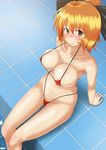  arm_support armpits bikini blonde_hair blush bow breasts brown_eyes bust_cup cleavage from_above hair_bow kurodani_yamame large_breasts looking_at_viewer looking_up micro_bikini nokishita_kumoemon partially_visible_vulva pool poolside short_hair sitting smile soaking_feet solo spider_web_print swimsuit tile_floor tiles touhou water wet 