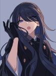  1girl :o bad_link black_gloves black_hair black_jacket blue_eyes buttons chorefuji commentary_request eyes_visible_through_hair gloves grey_background hair_over_one_eye hand_up highres jacket long_hair looking_at_viewer open_mouth original sidelocks simple_background solo 