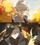  2boys age_comparison antenna_hair armor bags_under_eyes black_cloak black_gloves black_shirt blue_eyes chinese_commentary cloak commentary_request fingerless_gloves flame_reaver_of_the_deepest_dark flower_wreath gloves grey_shirt highres honkai:_star_rail honkai_(series) hood hood_up hooded_cloak male_focus multiple_boys no_mask parted_bangs pauldrons phainon_(a_dream_scented_in_wheat)_(honkai:_star_rail) phainon_(honkai:_star_rail) shirt short_hair shoulder_armor single_pauldron white_hair yiyiyiyi670 