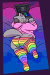 2020 anthro big_butt butt clothing computer domestic_cat electronics felid feline felis footwear fur grey_body grey_fur headphones hi_res hoodie laptop mammal meme multicolored_clothing multicolored_footwear multicolored_socks multicolored_underwear nyan_cat nyan_cat_(copyright) nyan_cat_(qoolguyart) pink_clothing pink_hoodie pink_topwear qoolbunart rainbow_clothing rainbow_footwear rainbow_socks rainbow_underwear slightly_chubby smile socks solo topwear underwear