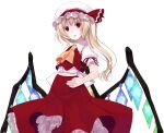  1girl arm_behind_back ascot back_bow blonde_hair bow center_frills collared_shirt commentary_request cowboy_shot cropped_vest crote crystal_wings flandre_scarlet frilled_shirt_collar frilled_skirt frilled_sleeves frills hand_on_own_hip hat hat_ribbon highres large_variant_set layered_skirt long_hair long_skirt looking_at_viewer mob_cap parted_lips puffy_short_sleeves puffy_sleeves red_eyes red_ribbon red_skirt red_vest ribbon shirt short_sleeves side_ponytail skirt sleeve_ribbon solo tachi-e teeth touhou transparent_background upper_teeth_only variant_set vest white_bow white_hat white_shirt wide-eyed wing_collar wings yellow_ascot 