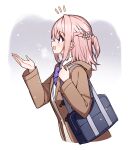  1girl :d bag blue_eyes bow braid breath brown_jacket collared_shirt commentary_request cropped_torso from_side hair_between_eyes hanamichi_suzu hand_up highres hood hood_down hooded_jacket jacket long_sleeves notice_lines open_clothes open_jacket pink_hair ponytail profile purple_bow school_bag shirt smile snowing solo t@ke-g upper_body uta_no_princess-sama_back_to_the_idol white_shirt 