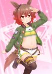  1girl animal_ears black_thighhighs bomber_jacket brown_hair chinese_zodiac commentary_request cosplay crop_top dog_tags ear_ribbon green_jacket highres horse_ears horse_girl horse_tail jacket kantai_collection looking_at_viewer mayano_top_gun_(scramble_zone)_(umamusume) mayano_top_gun_(umamusume) mayano_top_gun_(umamusume)_(cosplay) multicolored_shirt mutsuki_(kancolle) red_eyes red_hair salute short_hair shorts solo standing standing_on_one_leg star_(symbol) star_symbol_background tail thighhighs two_side_up umamusume white_shorts year_of_the_horse zanne 