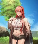  1girl abs absurdres ahoge bare_shoulders belt black_hairband black_jacket blush breasts brown_shorts closed_mouth clothes_pull commentary_request cowboy_shot crop_top cropped_shirt crossed_bangs day eris_greyrat fur-trimmed_jacket fur_trim grass hair_between_eyes hairband hand_up highres horizon jacket jacket_pull large_breasts long_hair long_sleeves looking_at_viewer midriff mushoku_tensei navel open_clothes open_jacket outdoors pulling_own_clothes red_eyes red_hair rock shirt short_shorts shorts sidelocks sky sleeveless sleeveless_shirt solo tree underbust undressing white_shirt yuasobi871 