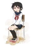  1girl between_legs black_hair black_socks blue_sailor_collar blue_skirt blush breath chair commentary_request embarrassed flat_chest full_body half-closed_eyes hand_between_legs have_to_pee highres kneehighs large_variant_set legs_together long_sleeves looking_afar miniskirt neckerchief nose_blush on_chair open_mouth original own_hands_together pee peeing peeing_self pleated_skirt ponnu_(tnpn2yw) puddle raised_eyebrows red_eyes red_neckerchief red_shoes sailor_collar school_chair school_uniform serafuku shirt shoes short_hair sidelocks sitting skirt socks solo steam v_arms variant_set wet wet_clothes wet_shoes wet_skirt wet_socks white_shirt 