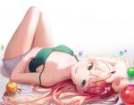  1girl arm_up bare_arms bare_shoulders breasts camisole crop_top darling_in_the_franxx green_eyes green_shirt hairband hashtag-only_commentary highres long_hair looking_at_viewer lying medium_breasts midriff on_back open_mouth pink_hair rydr93 shirt short_shorts shorts simple_background sleeveless sleeveless_shirt smile solo spaghetti_strap strap_slip thighs white_background white_hairband white_shorts zero_two_(darling_in_the_franxx) 