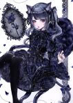  1girl aegyo_sal animal_ears black_bow black_dress black_pantyhose blue_eyes blue_flower blue_hair blue_nails blue_rose bow cat_ears chair commentary commission dress english_commentary flower frilled_dress frills gothic_lolita hair_bow highres lolita_fashion long_sleeves looking_at_viewer on_chair open_mouth original pantyhose rose shiro_woof_woof sitting skeb_commission solo twintails wide_sleeves 