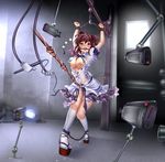  1girl ball_gag bdsm blush bondage bound breasts brown_hair camera clog_sandals clothes_pin female gag gagged hat highres monikano nipple_clamps nipple_torture nipples pussy_juice red_eyes rope_walking shackle shackles shameimaru_aya short_hair solo tokin_hat torn_clothes touhou whip 