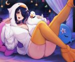  1girl alternate_costume animal_hood ass bird black_hair breasts choker cityscape cleavage commentary duck duck_tail english_commentary eyeshadow fang hair_over_one_eye hands_up highres hood hoodie large_breasts leg_up looking_at_viewer lying makeup mole mole_on_breast mole_under_eye nail_polish night on_bed open_mouth orange_thighhighs original partially_unzipped purple_nails red_eyes short_hair sitting sky smile star_(sky) starry_sky studded_choker stuffed_toy the_scarlet_devil thighhighs thighs vivienne_(the_scarlet_devil) white_hoodie zettai_ryouiki 