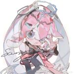  1girl absurdres acuteghost ahoge bandaid bandaid_hair_ornament black_choker black_dress black_sleeves blue_eyes choker closed_mouth commentary crossed_bandaids detached_sleeves dress hair_ornament hand_up highres horns inkling inkling_girl inkling_player_character long_hair long_sleeves looking_at_viewer pink_hair pointy_ears red_horns sample_watermark simple_background sleeveless sleeveless_dress solo spiked_choker spikes splatoon_(series) symbol-only_commentary tearing_up tentacle_hair twintails upper_body watermark weibo_watermark white_background 