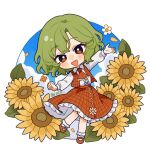 1girl artist_name ascot chinese_commentary collared_shirt commentary_request fafa flower frilled_skirt frills full_body green_hair highres kazami_yuuka long_sleeves looking_at_viewer medium_hair open_clothes open_mouth open_vest plaid_clothes plaid_skirt plaid_vest red_ascot red_eyes red_shoes red_vest shirt shoes skirt skirt_set smile socks solo sunflower touhou vest white_shirt white_socks yellow_flower 